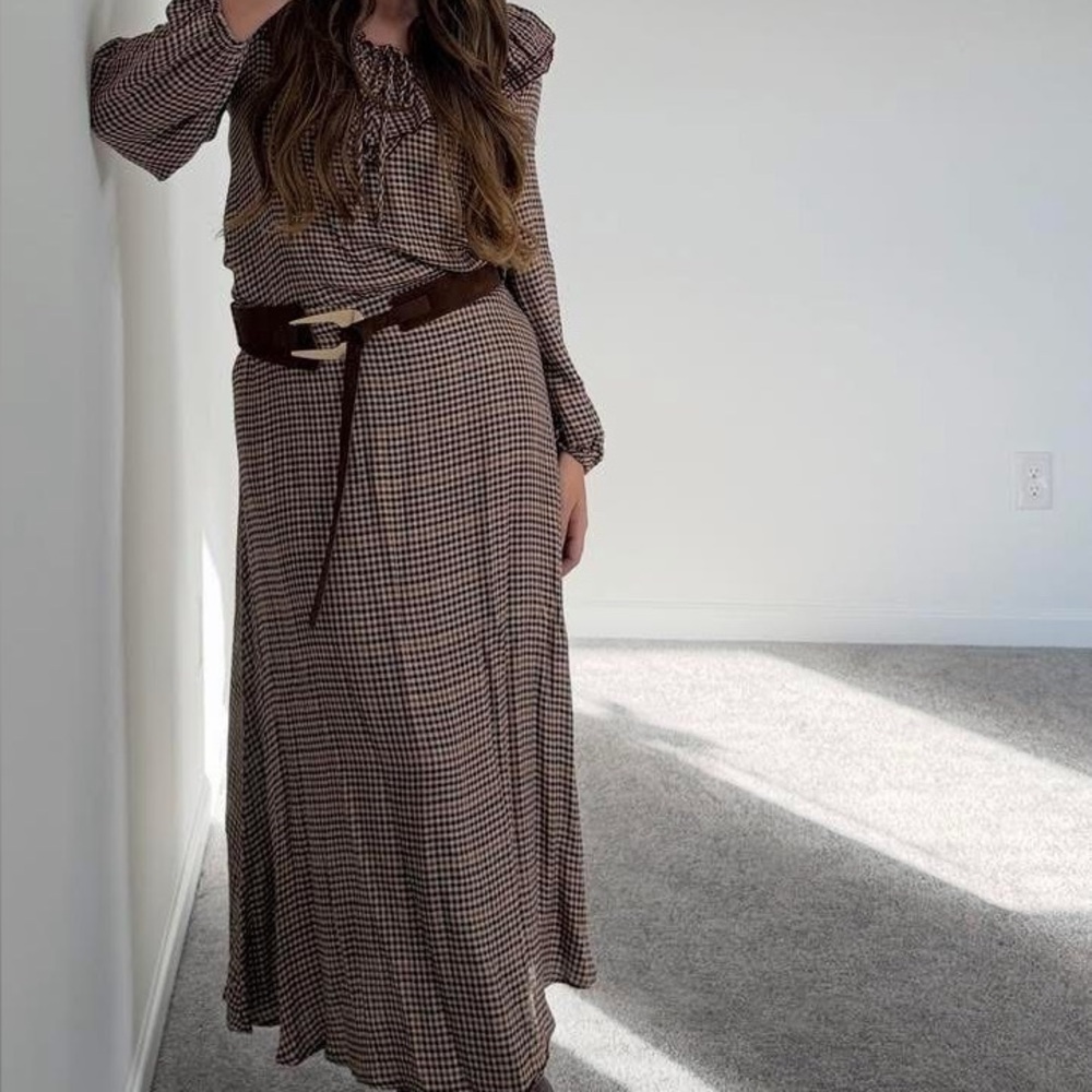 Brown Checkered Maxi Skirt & Top w/ belt
